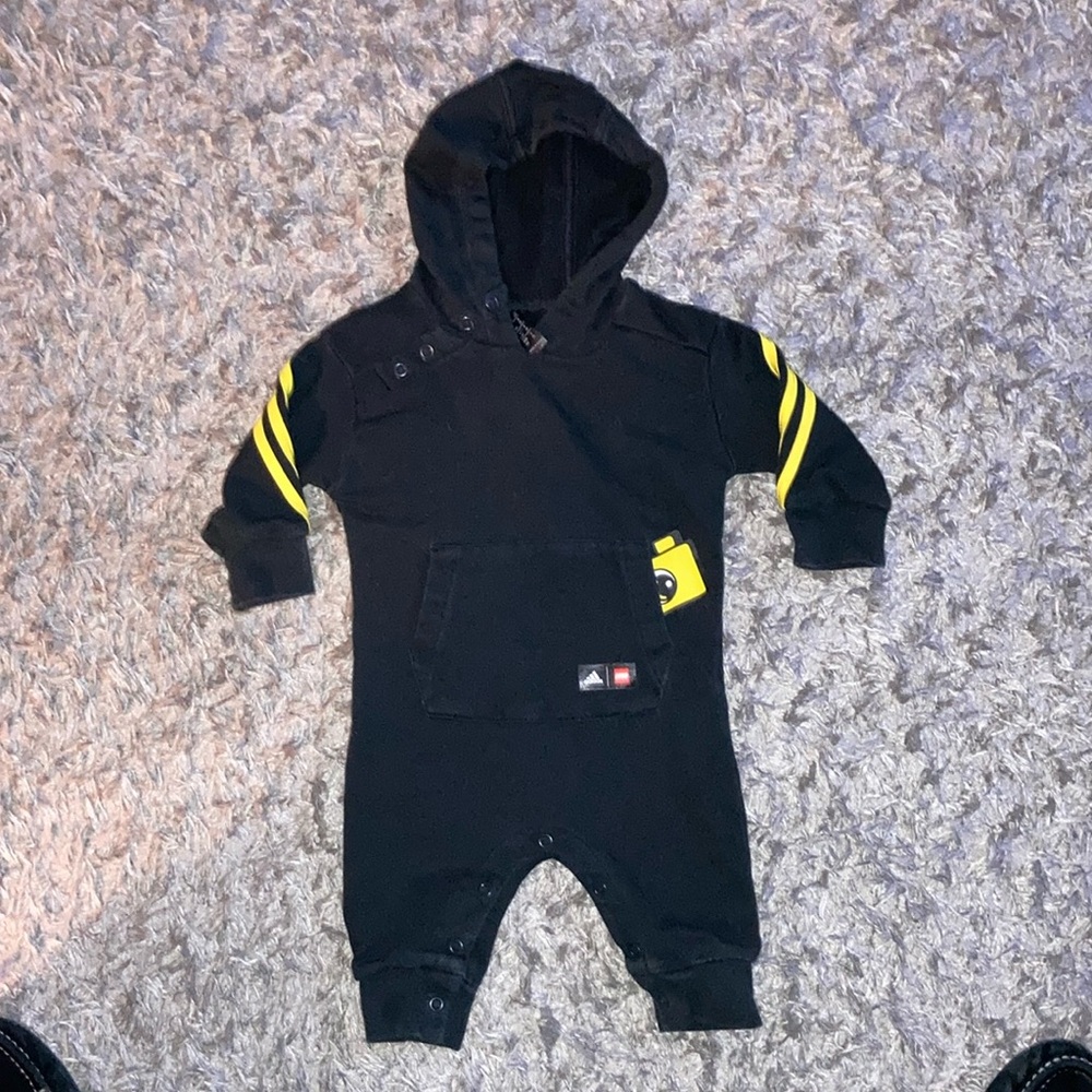 Adidas Black and Yellow One Piece baby 6 months outfit LEGO hooded suite